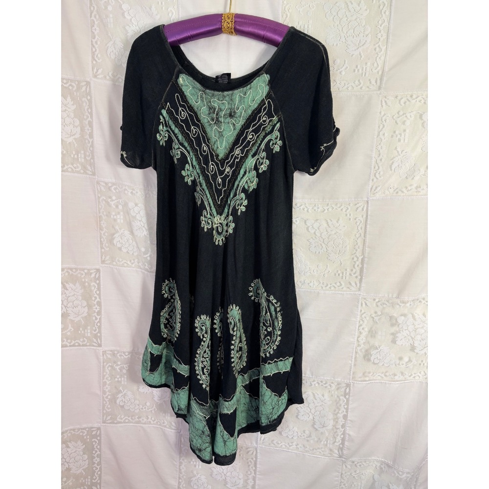 Charcoal Gray Green Embroidered Floral Folk Festival Hippie Boho Dress One Size‎
